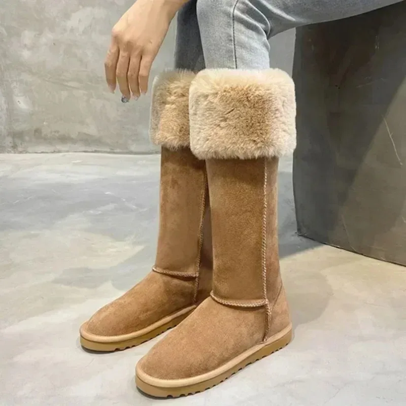 Cow Suede Knee-high Snow Boots Winter Flat with 2024 Hot Sale Women's Shoes Slip-on Round Toe Mid Heel Novelty Women's Boots