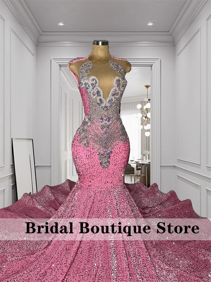 Luxury Pink Mermaid Long Prom Dress 2024 For Black Girl Glitter Beads Crystals Rhinestones Diamonds Sequins Gown Birthday Party