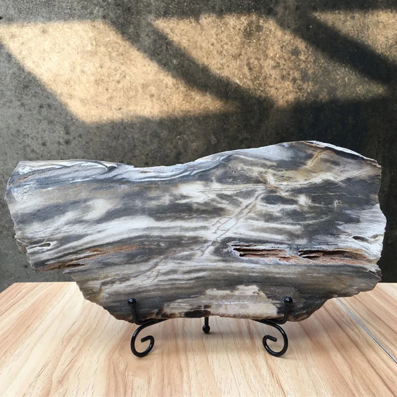 1.1kg Lager Size Gray Color Natural Petrified Wood Slice Crystal Semi-Preciou Stone Slab Polish Healing Rock Home Decoration Gif