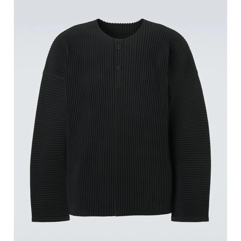 Japanese Plisse Pleated Shirt Men Henley Neck Long Sleeve Top Oversized Loose Fit Minimalist Casual Streetwear Korean Fashion