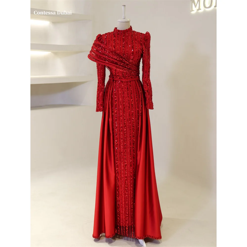 

Contessa Dubai High-Neck Luxurious Sparkling Bead Prom Dress One-shoulder Decoration فساتين سهراتLong Sleeves Srobes de soirée