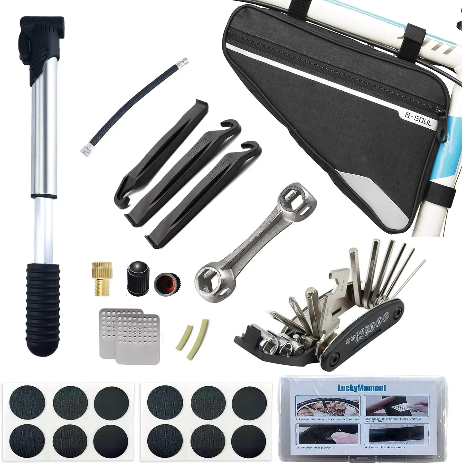 

Bike Repair Kit, 16-in-1 Mini Pump, Water-Resistant Triangle Pouch for Mountain & Road Bikes