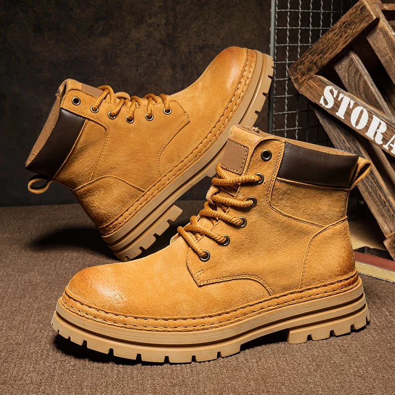 

Couple Leather Big Yellow Boots: 2025 New Autumn and Winter Men's Shoes, British Style Short Boots, Thickened Sole High-Top Boot