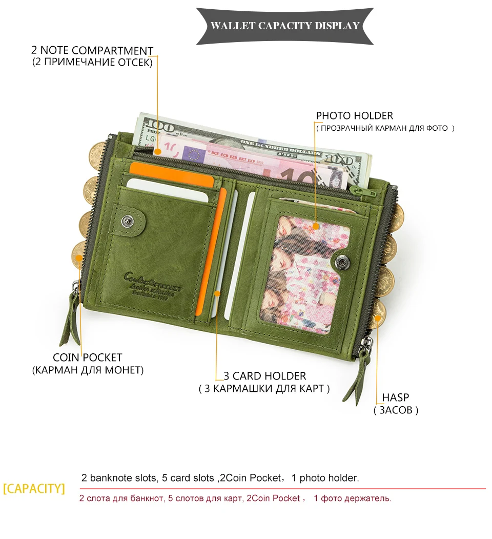 CONTACT'S Damen-Geldbörse aus Echtleder, zweifach faltbar, im Vintage-Stil, mit Münzfach und Kartenfächern – Detail 6
