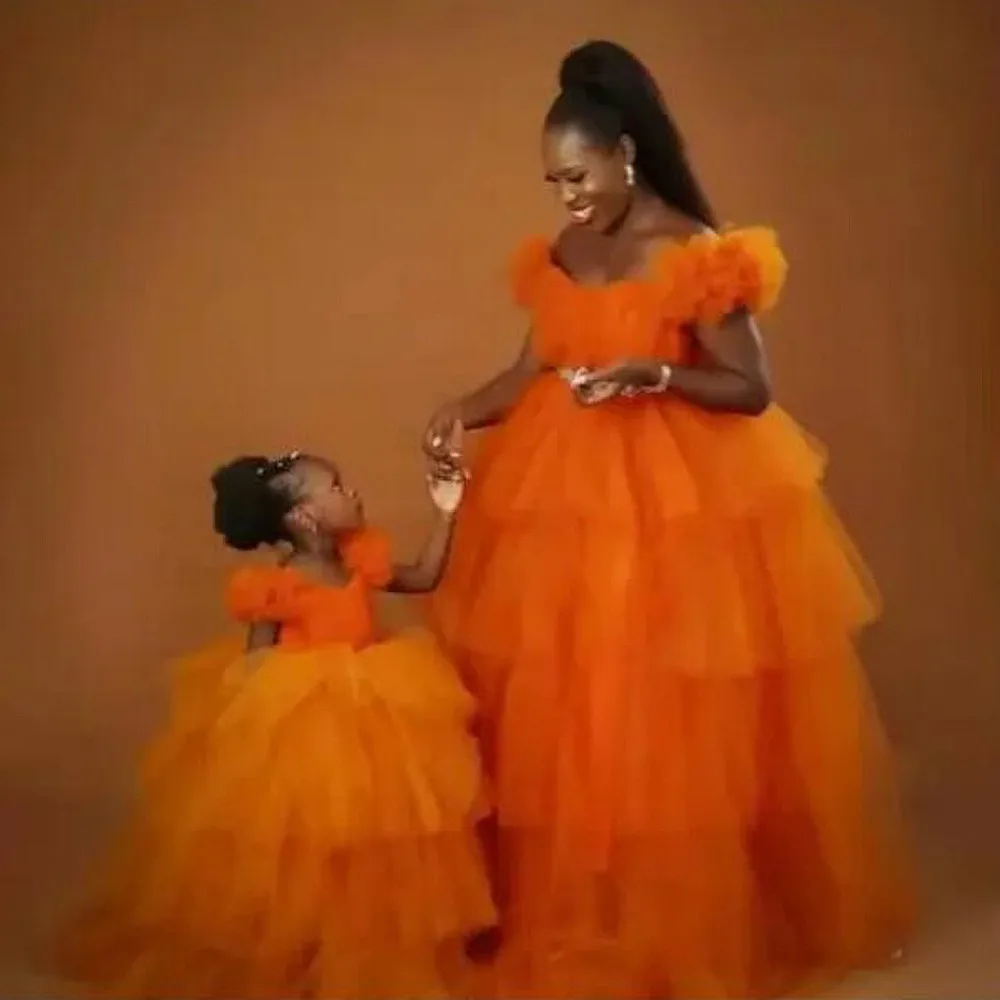 Long Mother and Daughter Dress  Tiered Puffy  Layered African Women Mommy and Me Birthday Dress For Photo Shoots Family Look