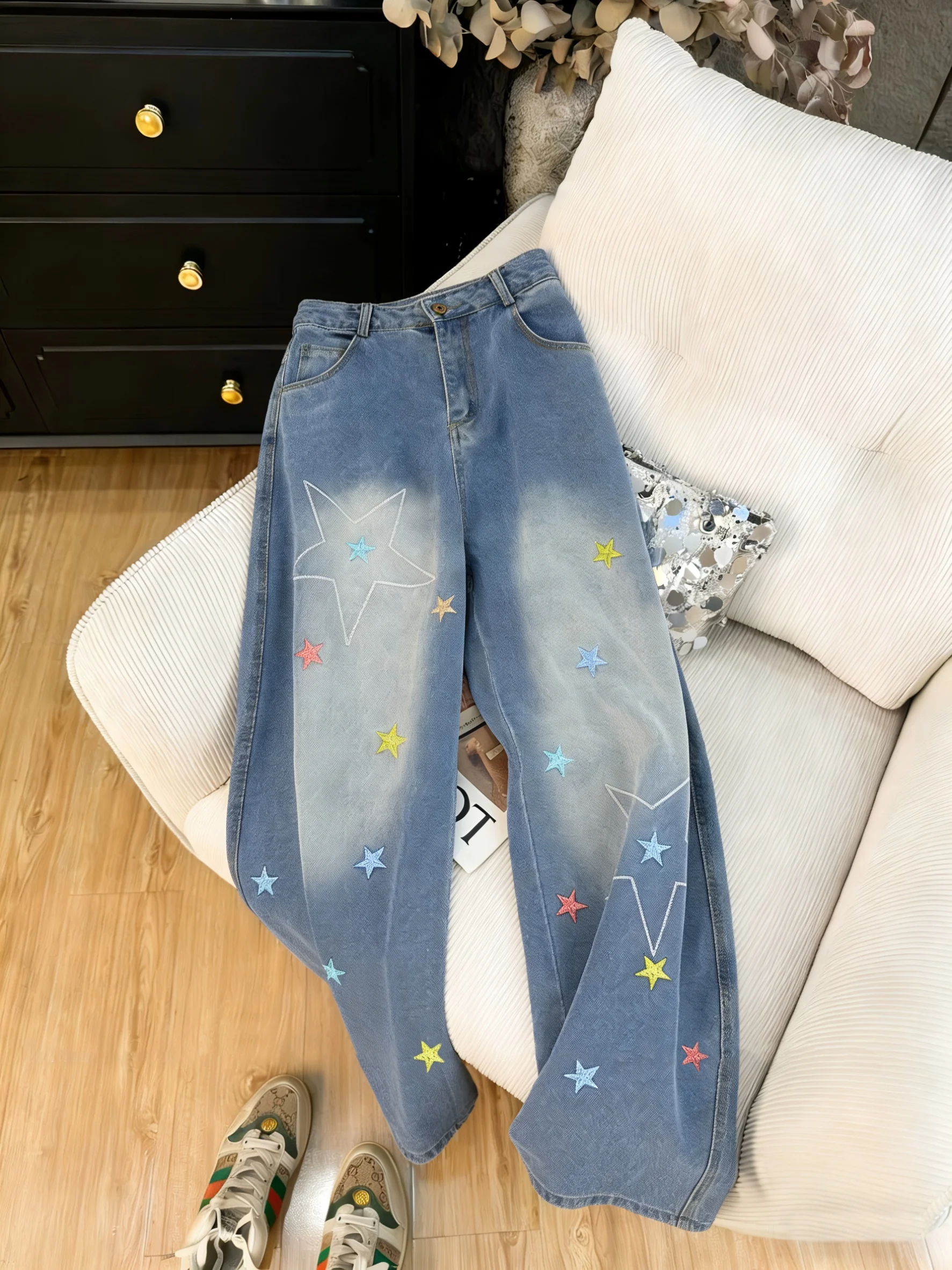 

Retro American Washed Blue Print Straight Leg Jeans Loose Wide Leg Long Pants Men's Summer Dopaamine Anti Aging Casual Jeans