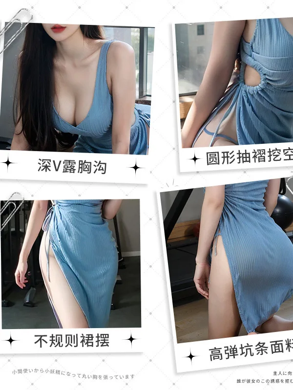 Goddess Dress Fairy Blue Hollow Pleated High Waist Split Dress Elegant Sexy Drawstring Tops 2024 New Korean D032