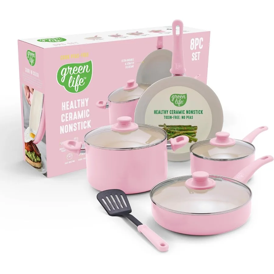 

Набор посуды с антипригарным покрытием, 8 предметов, нетоксичные керамические кастрюли без PFAS, сковороды для повседневного приготовления пищи, посудомоечная машина и духовка, безопасные до 450F, в комплект