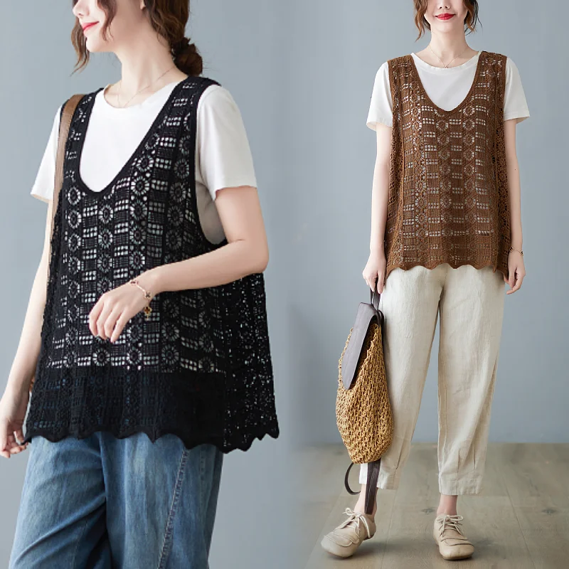 

Легкий цветной кружевной ажурный жилет большого размера, женская верхняя одежда U Ne Svel с отделкой по подолу, повседневный многослойный жилет