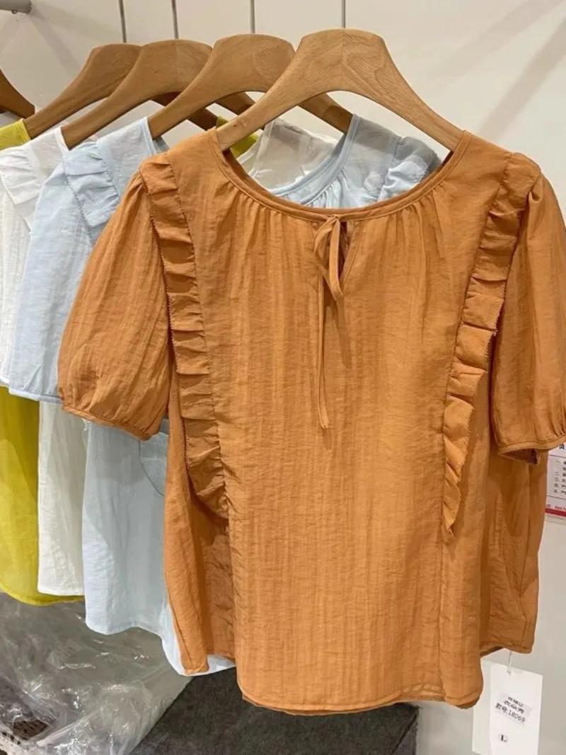 2025 French Ruffle Edge Lace-up Temperament Summer Gentle Wind Chic Thin T-shirt Top Short-sleeved Shirt For Women