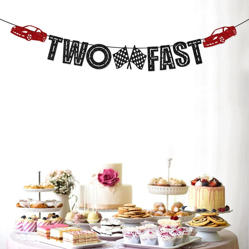 1pc TWO FAST Birthday Theme Paper Glitter Bunting Garland for First Birthday Celebration Theme Party Decoration