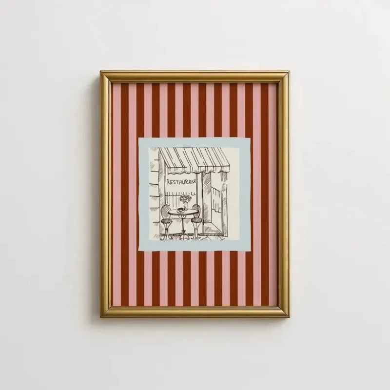Maroon Pink Striped Restaurant Illustration Art Print, VWall Art, Minimalist Decor Frameless Canvas Art Wall Poster