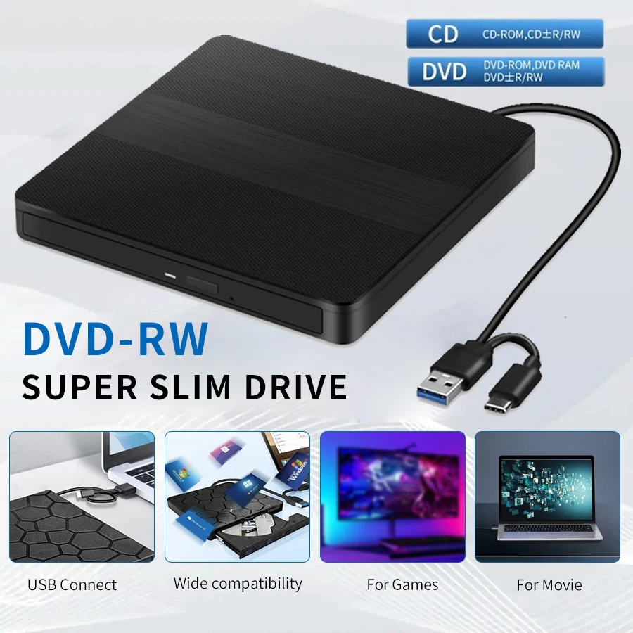 

Тонкий оптический привод 2 в 1, тип C и USB 3,0, внешний DVD-RW CD-плеер, записывающее устройство, устройство записи DVD-считывания, лоток типа, портативный для ПК, ноутбука
