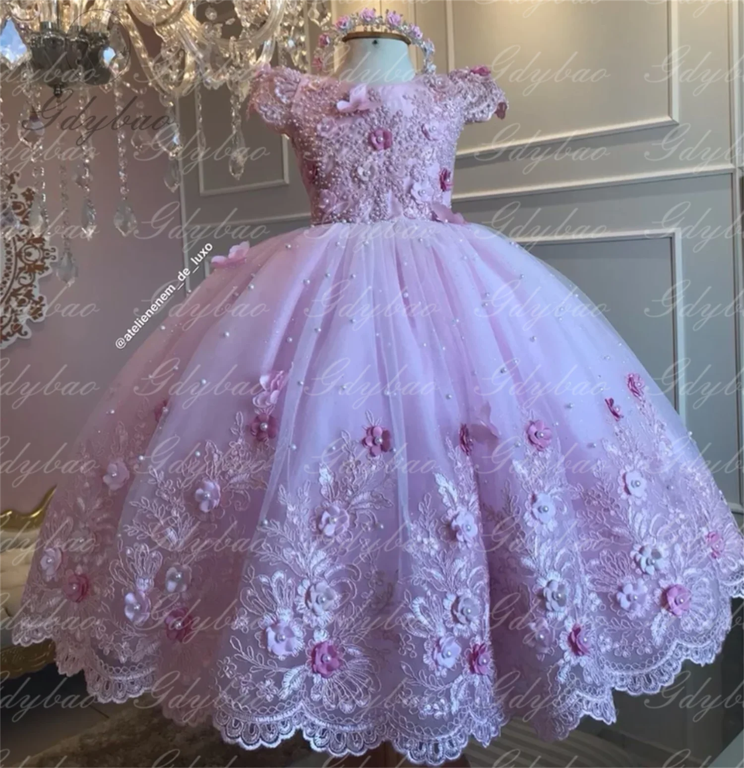 Flower Girl Dresses Luxury Princess Applique For Wedding Tulle Pearls Ball Kids Pageant Gown Birthday Party First Communion Wear