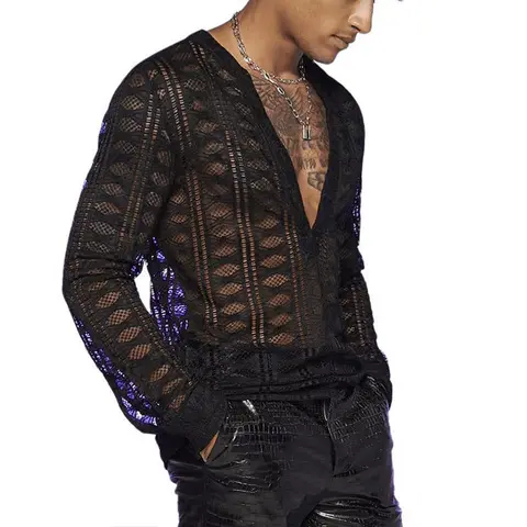 Men's Mesh See Through Mesh Sexy V Neck Shirt Long Sleeve Fishnet Hollow Out Vintage Streetwear Party Clothing S-2XL
