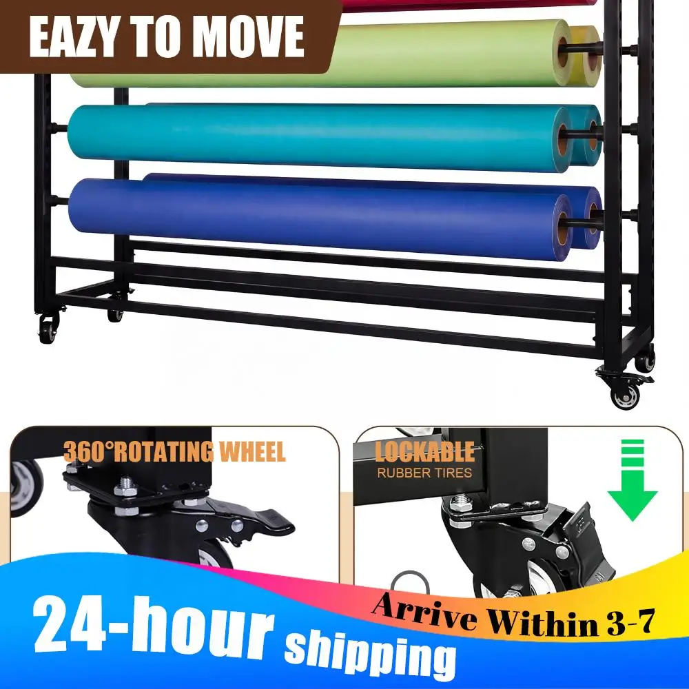 

10 Rods Commercial Fabric Roll Storage Rack Mobile Rolling Organizer for Car Wrap Film Window Film Wallpaper