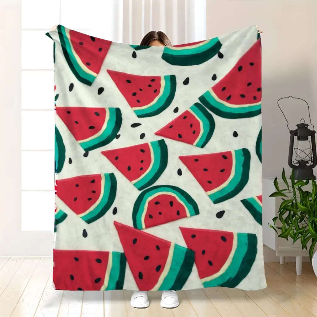 Womens Watermelon Slice Plush Flannel Blanket - Ultra-Soft 280GSM All-Season Bedspread with Watermelon Slice Pattern Cozy Lightweight Throw for Couch Bed Travel - Fruit Bedspread Gift for & Women Soft Bedding Accessory( Green/White Blanket, Be 280GSM