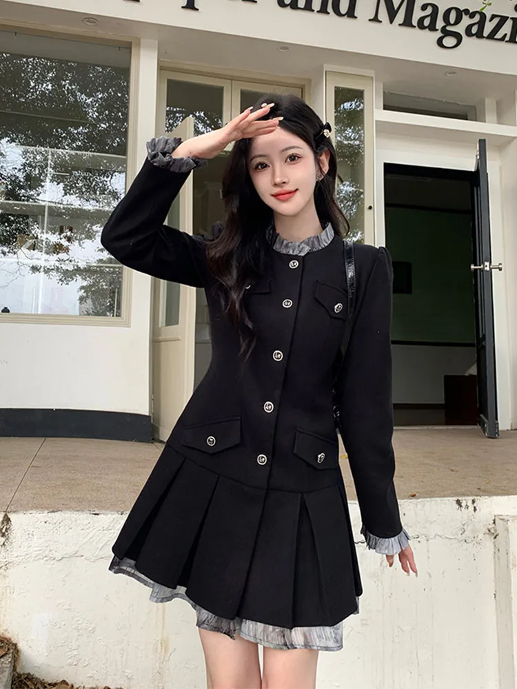 Formal Occasion Black Turtleneck A-Line Dress Japanese Fashion Luxury One-Piece Frocks Office Lady Streetwear Gothic Coquette