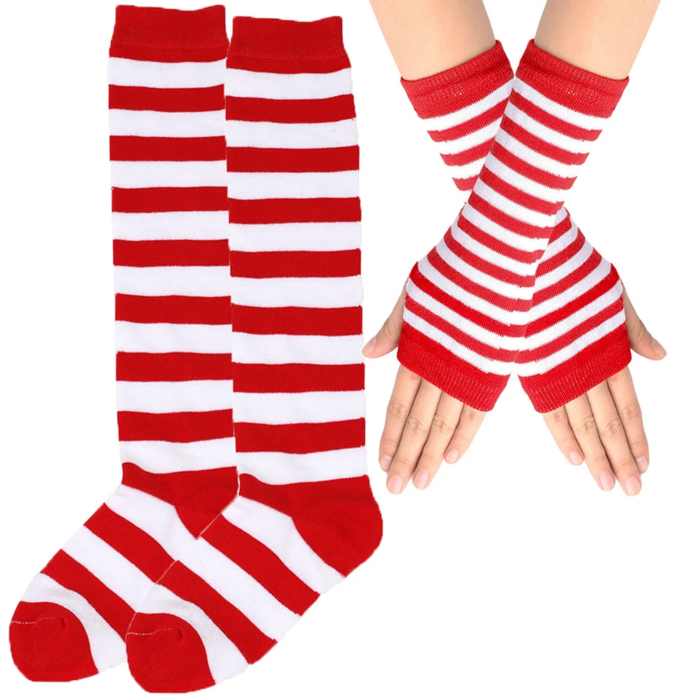 Children Stockings Gloves Set Knitted Stripes Long Dance Socks Xmas Keep Warm Arm Warmer Gloves for 6-12 Years Old Boy Girl