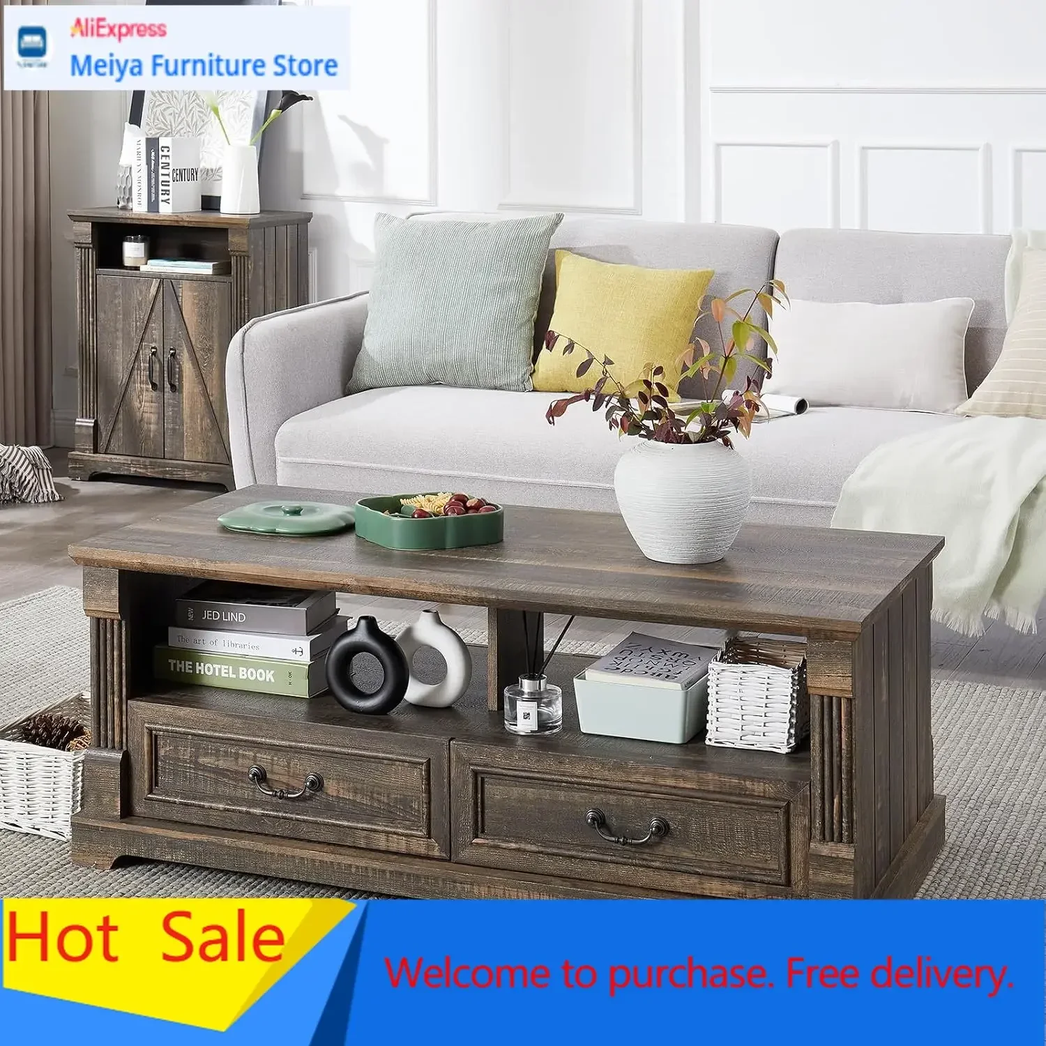 Wood Coffee Table Living Room Storage Drawers Farmhouse Industrial Center Cocktail Table Home Oak