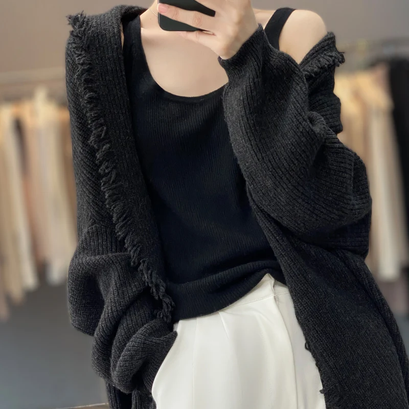 Jesień/zima nowy sweter damski 100% wełna merynosów sweter z klapami moda lekki luksusowy styl frędzli ciepły dolny płaszcz z dzianiny