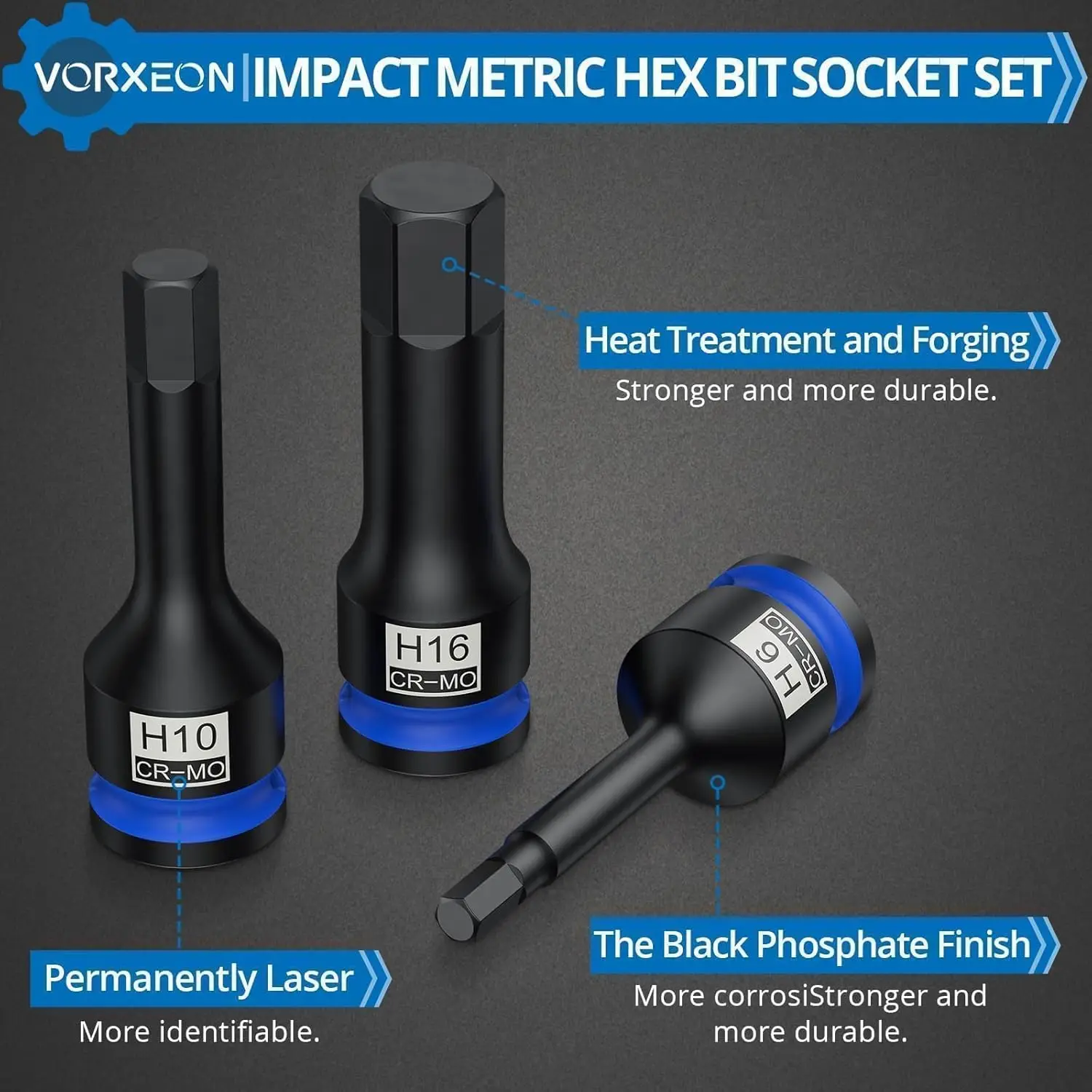 مجموعة لقم سداسية ذات تأثير متري مكونة من 10 قطع 1/2 بوصة 42Cr-Mo 5-19 مم، قطعة واحدة، مع حافظة