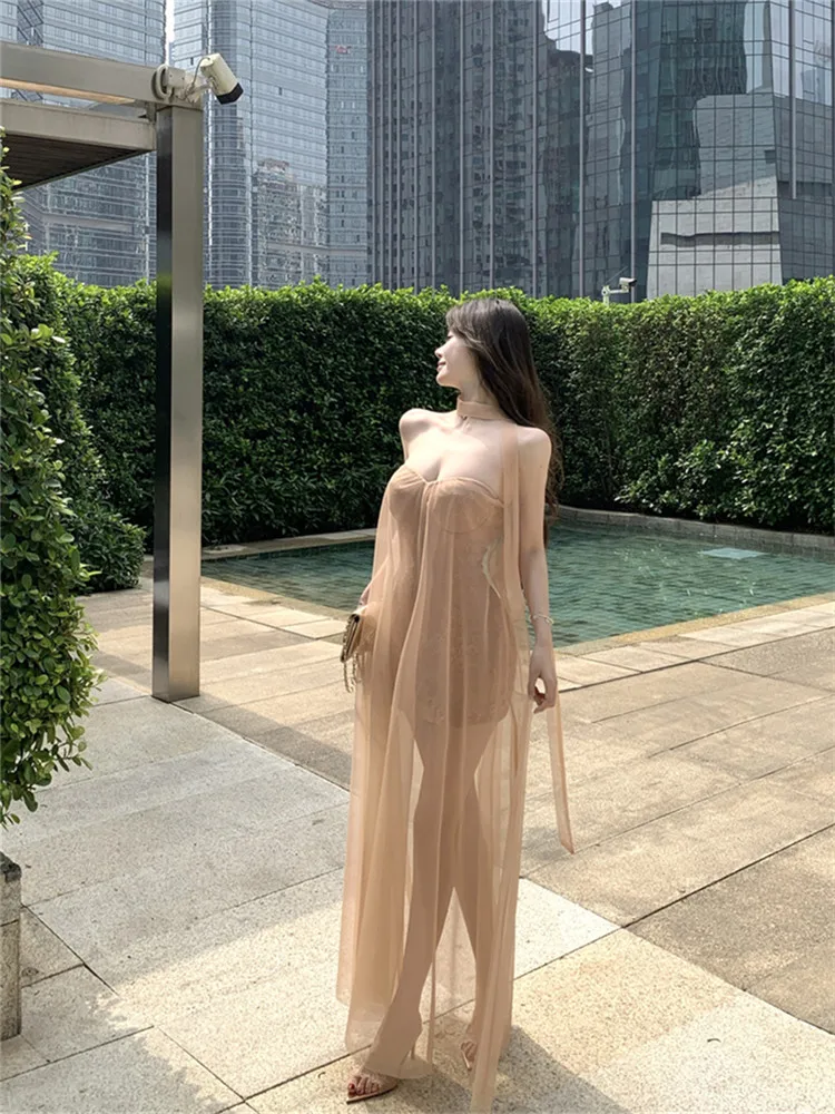 Seksowna Letnia Sukienka Bez Ramiączek w Kolorze Jasnej Kawy z Siateczki, Bez Rękawów, z Dekoltem typu Hiszpanka, Prześwitująca, Idealna na Wakacje nad Morzem, Plażowa, Długa Sukienka w Stylu Wróżki, Szata