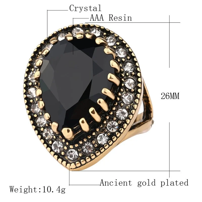 Retro Big Water Drop Shape Resin Rings for Women Fashion Classic Finger Rings Ethnic Style Jewelry