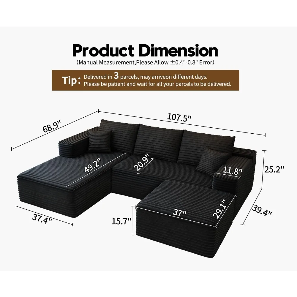 

107.5" Cloud Modular Sectional Sofa with 1 Ottoman,Modern Minimalist Upholstered Couches, Comfort U Shaped Sofa for Living Room,