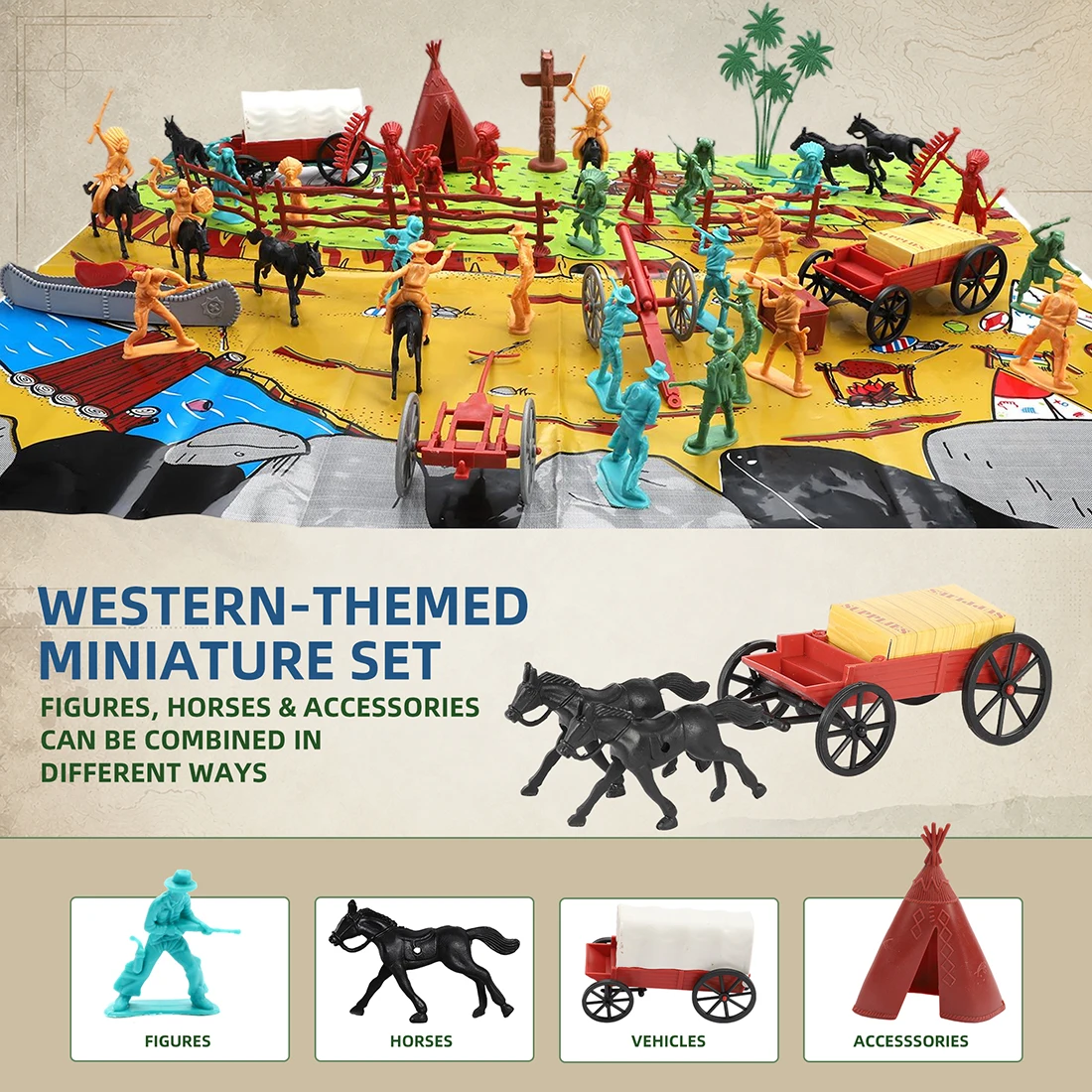 ViiKONDO 90 PCS Western Miniature Figures Set with Horses, Wagons and Accessories for Tabletop Gaming, Diorama & Scene Building