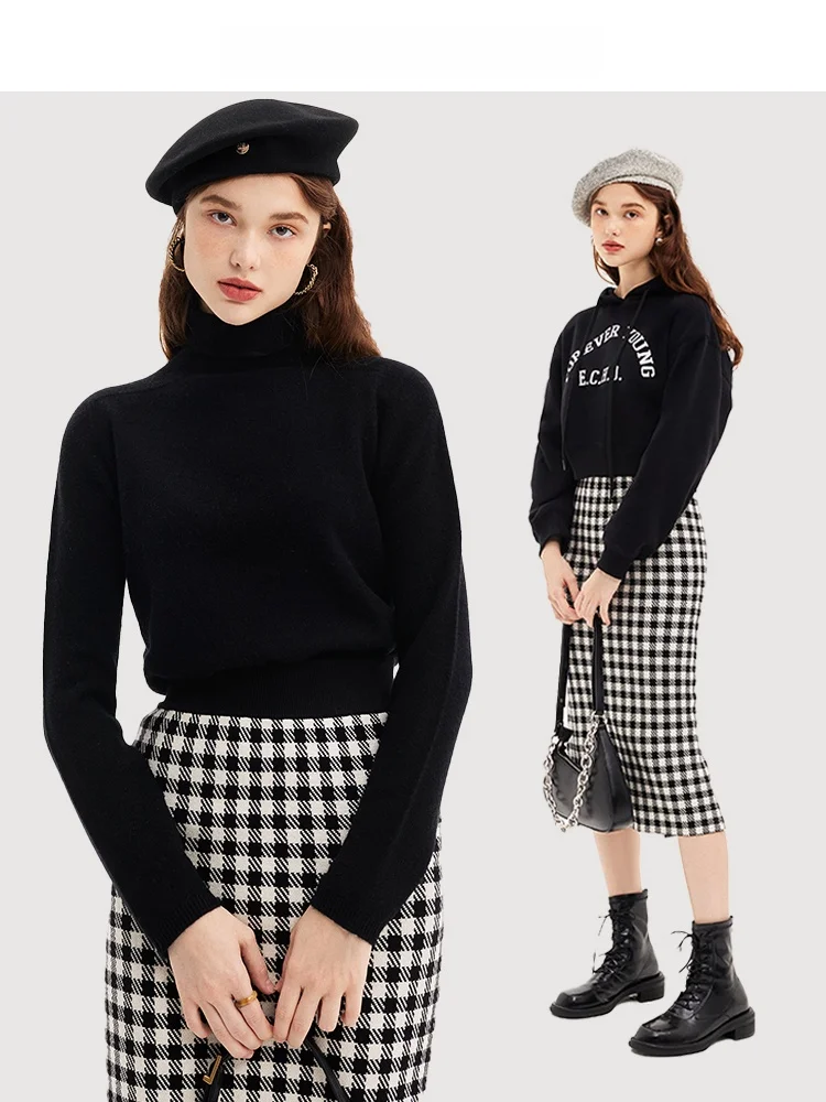 SRK Preto Branco Tweed Malha A-Line Midi Saia Fena Outono Inverno Elástico Cintura Alta Bodycon Saia Commute Estilo Simples