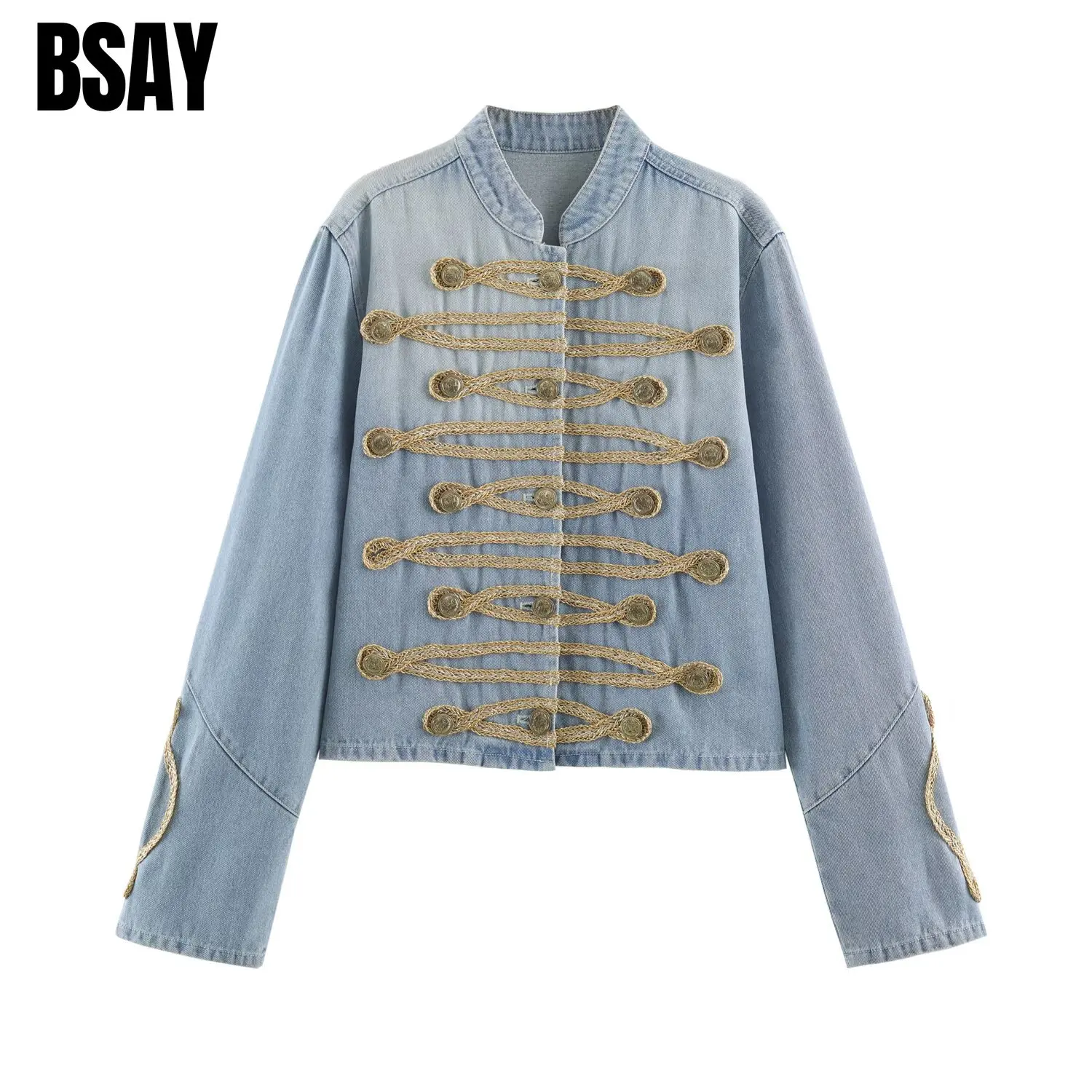 BSAY Autumn Women Frog Button Decor Cropped Denim Jacket Stand Collar Long Sleeve Vintage Military Style Short Outerwear Coat
