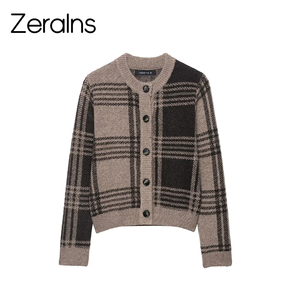 

ZERAINS Brown Maillard retro round neck short plaid knitted sweater cardigan jacket for women with small stature