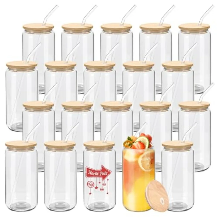 

20 Pack Glass Cups with Bamboo Lids and Glass Straws 16oz Clear Glass Tumblers Beer Can Shaped Drinking Glasses Iced Coffee Cup