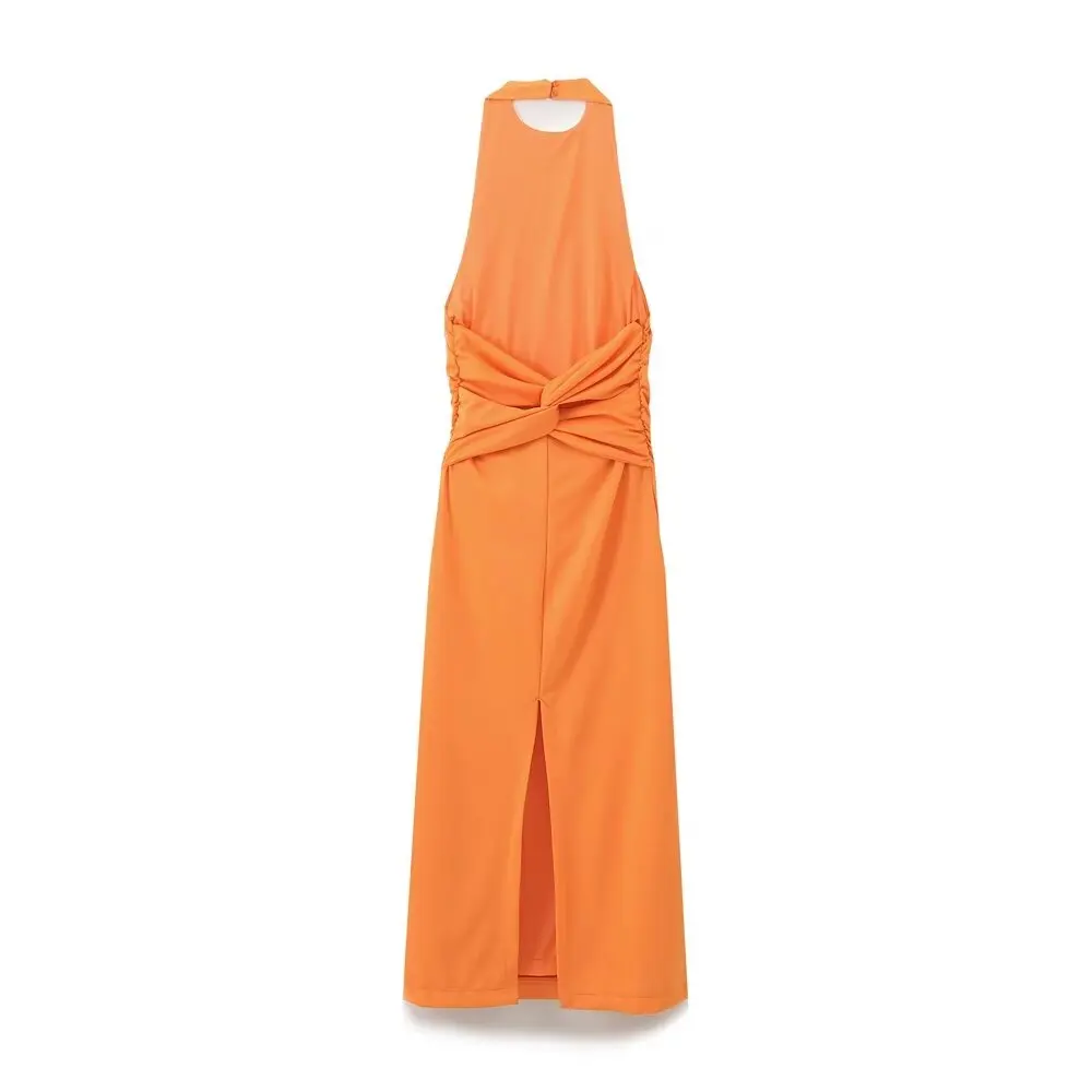 Vestido Midi plisado con cuello colgante para Mujer, vestido Retro sin mangas con nudo en la espalda abierta, ajustado, a la moda, novedad de 2024