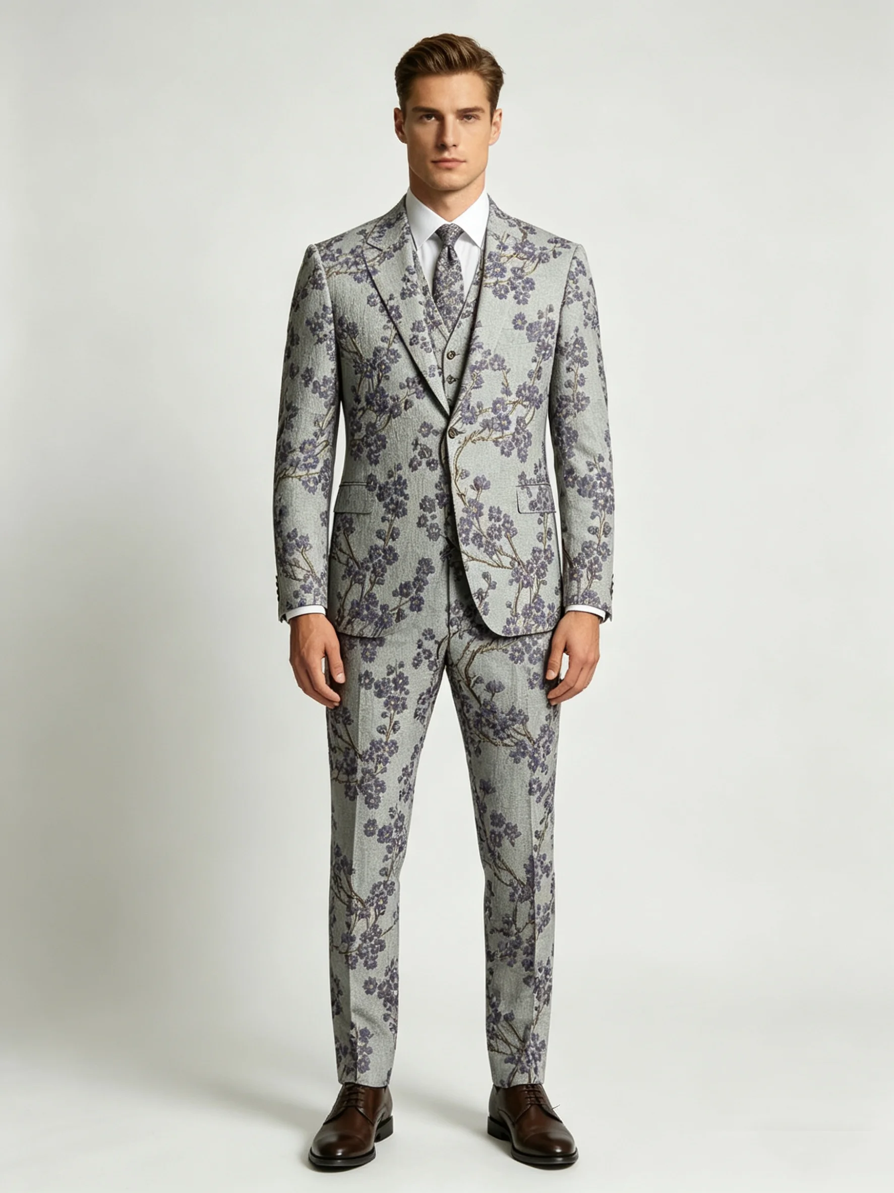

Grey Floral Men Suit Set 2 Piece Blazer+Pants Prom Wedding Tuxedos Coat Customized Formal Office Fashion Groom Jacket