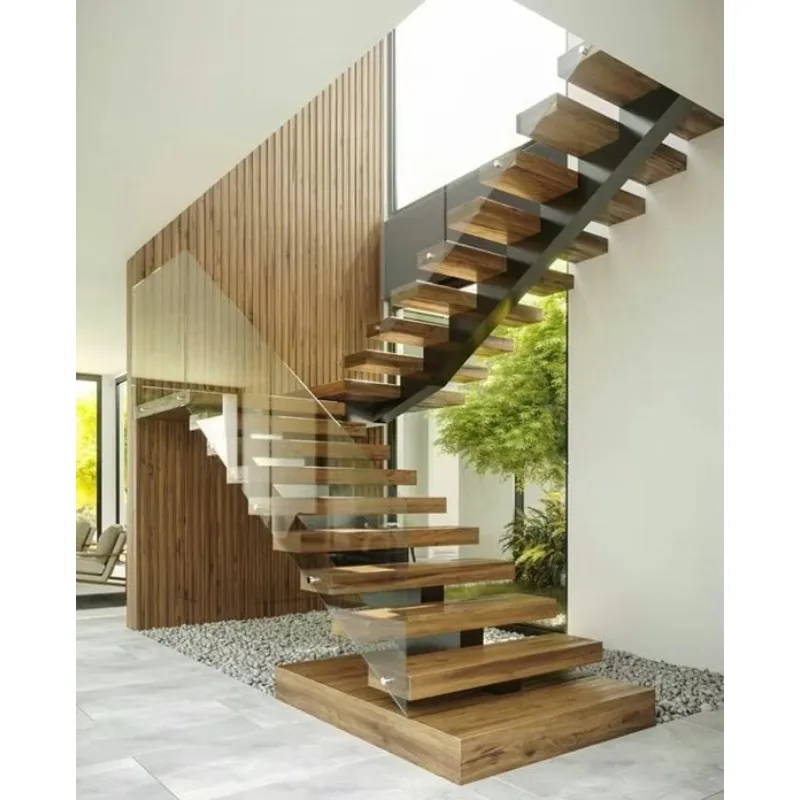 Customized Modern Mono Staircase with Landing and LED Light for Interior Residential