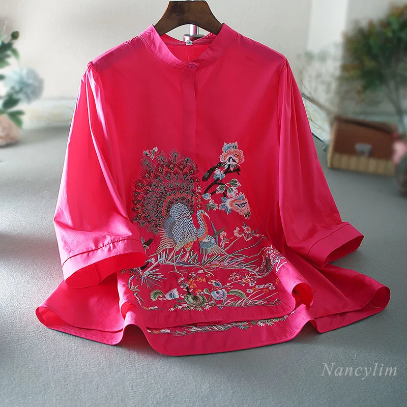 Machine Embroidery Blouse Retro Stand Collar Ethnic Style Loose A- Line Slimming Belly-Covering High-Grade Shirt Women's Top