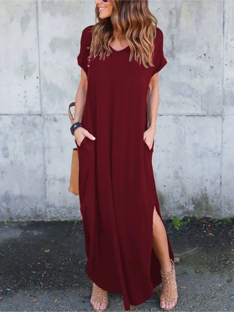 

Women's Spring Summer New Style Solid Color Sexy V-neck Hem Slit Casual Short Sleeved Pocket Long Dress