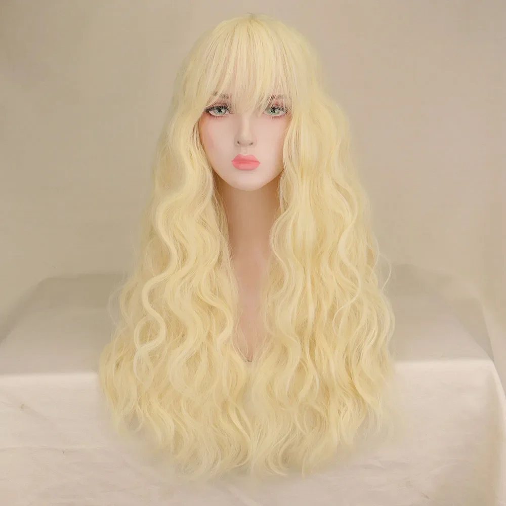 QQXCAIW-Perruque Synthétique Longue Blonde Ondulée à l'Eau avec Frange, Cheveux de ixCosplay, 03/Natural Heat Degré, pour Femme