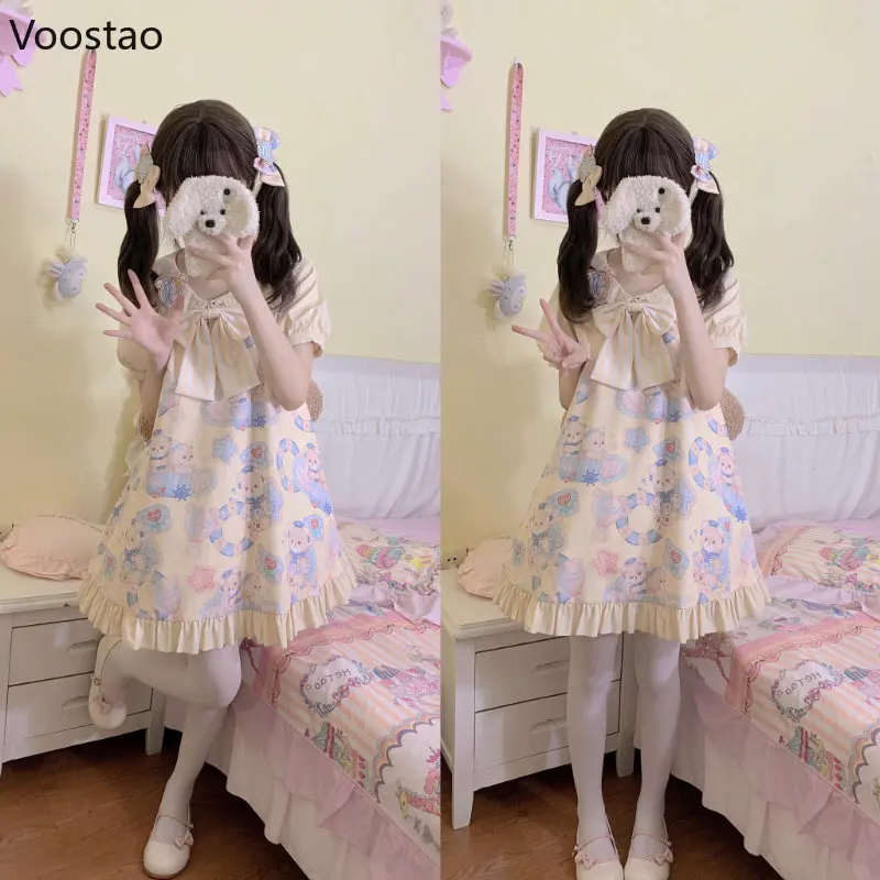 Summer Japan Style Kawaii Lolita OP Dress Girls Cute Cartoon Navy Bear Print Party Dresses Sweet Loose Bow Ruffles Mini Dress