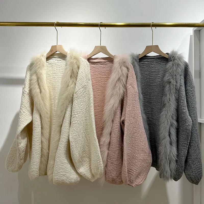 2026 Long Sleeve Loose Women Autumn Cardigans With Real Fox Fur Trimming Oversize Female Genuine Fur Knitwear Open Stitch