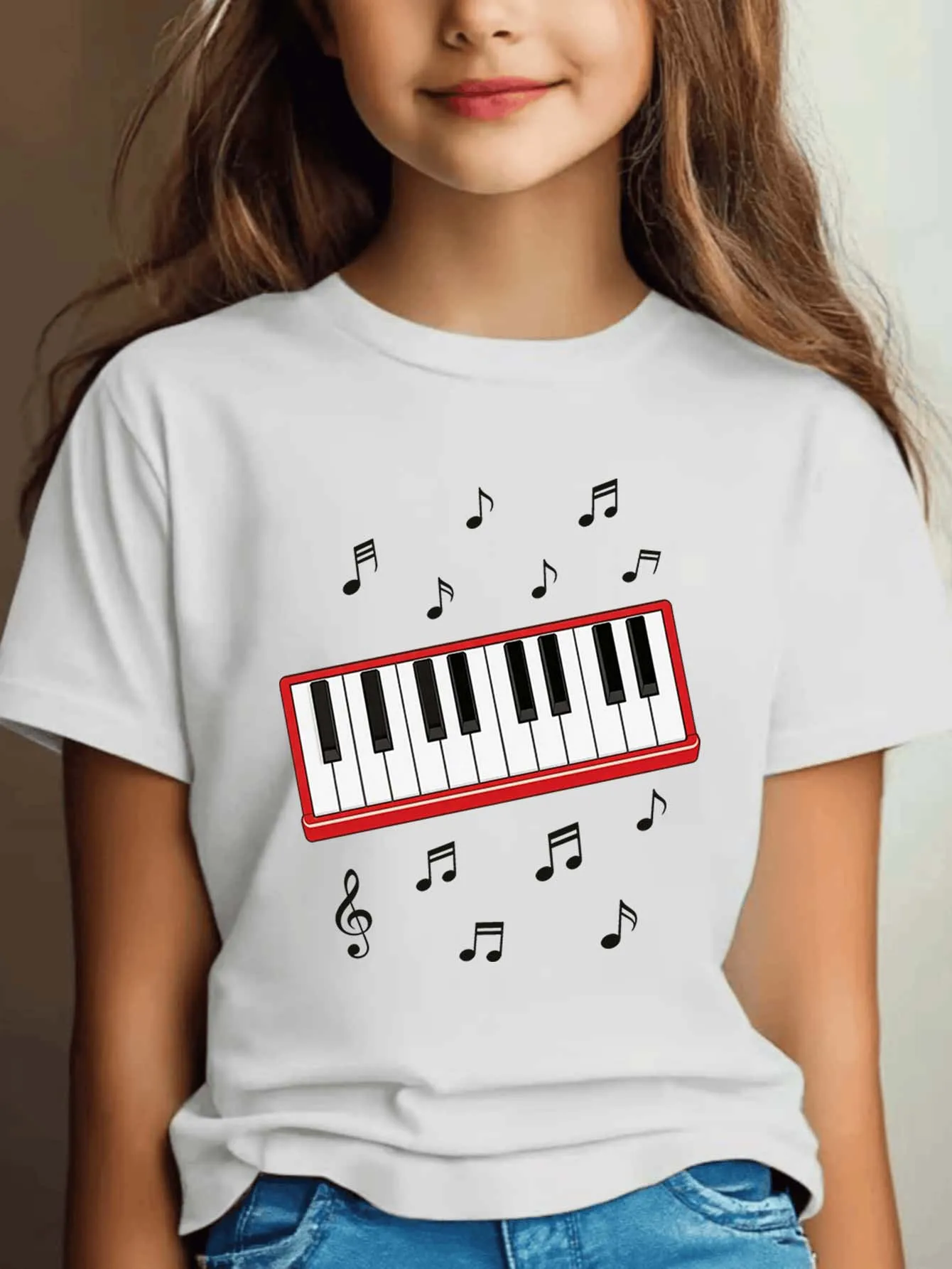 Piano Keyboard Music Note Print Boys Girls T Shirt Musical Pattern Kids Tee Parent Child Matching Casual Summer Family Daily Top
