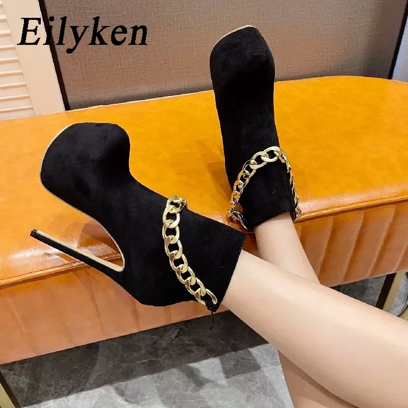 Eilyken Sexy Metal Chain Round Toe Stiletto High Heels Sandals Women Zipper Platform Nightclub Party Prom Female Shoes