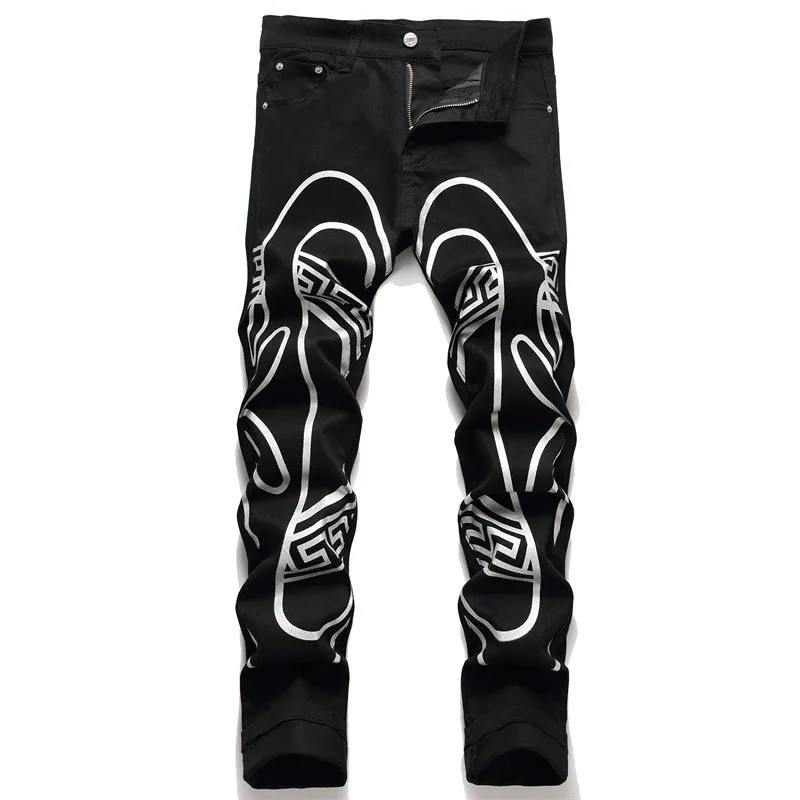 

New Summer 2022 Men's Street Jeans Digital Print Cotton Trousers Slim Stretch Mid-Waist Hip Hop Biker Pants