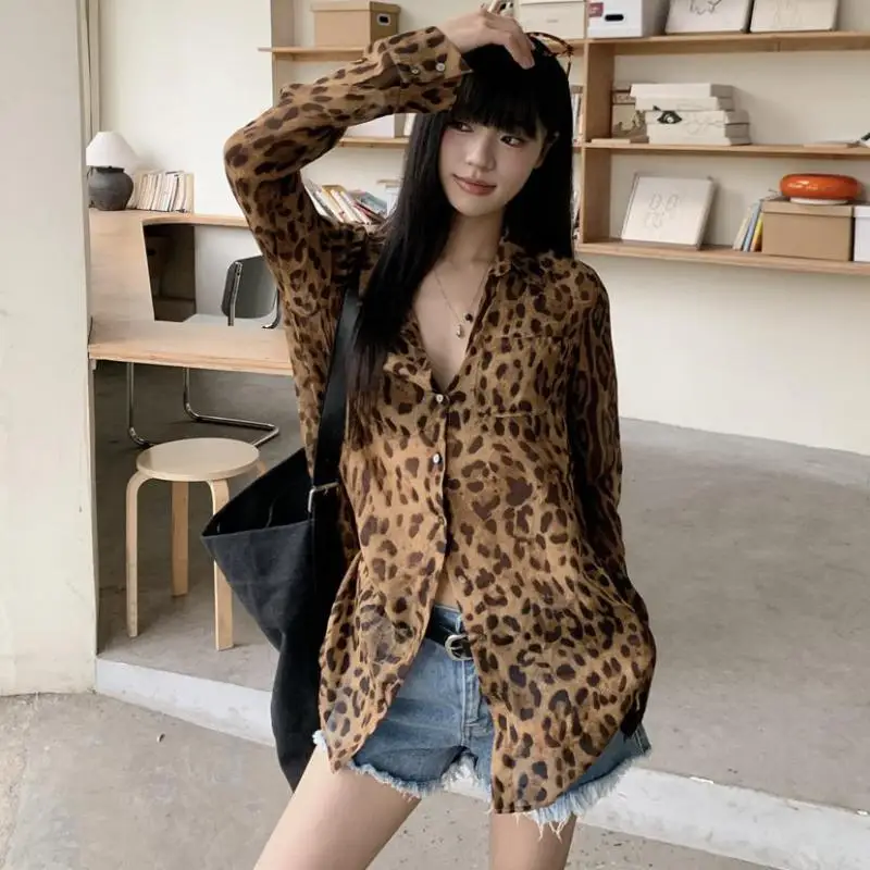 Vintage Hotsweet Leopard Chiffon Women Shirt Button Up Single Breasted Long Sleeve Autumn Tops 2000s Y2k Shirts Blouses Tops