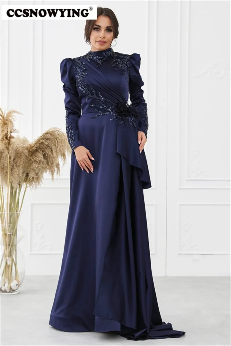 

Satin Appliques Feathers Full Sleeve Muslim Evening Dresses Islamic Hijab Formal Party Gowns Arabic Kaftan Robes De Soirée