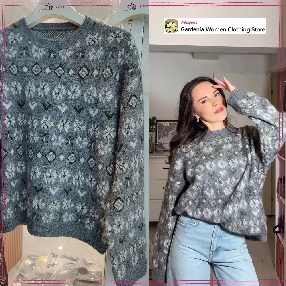 

Elegant Chic Women Brushed Effect Jacquard Knit Jumper with Ribbed Trim Gray Round Neck Long Sleeve Sweater Cozy Autumn Knitwear
