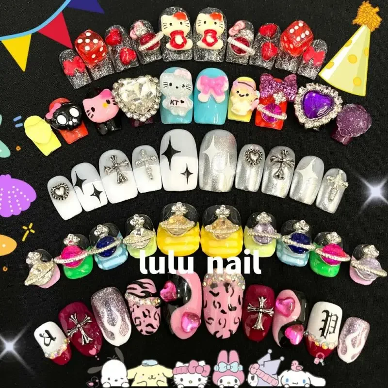 Cartoon Sanrios Hellokitty Wearing Armor Kuromi Fake Nails Rhinestone Detachable Long Coffin Stiletto Nails Full Cover Nail Tips