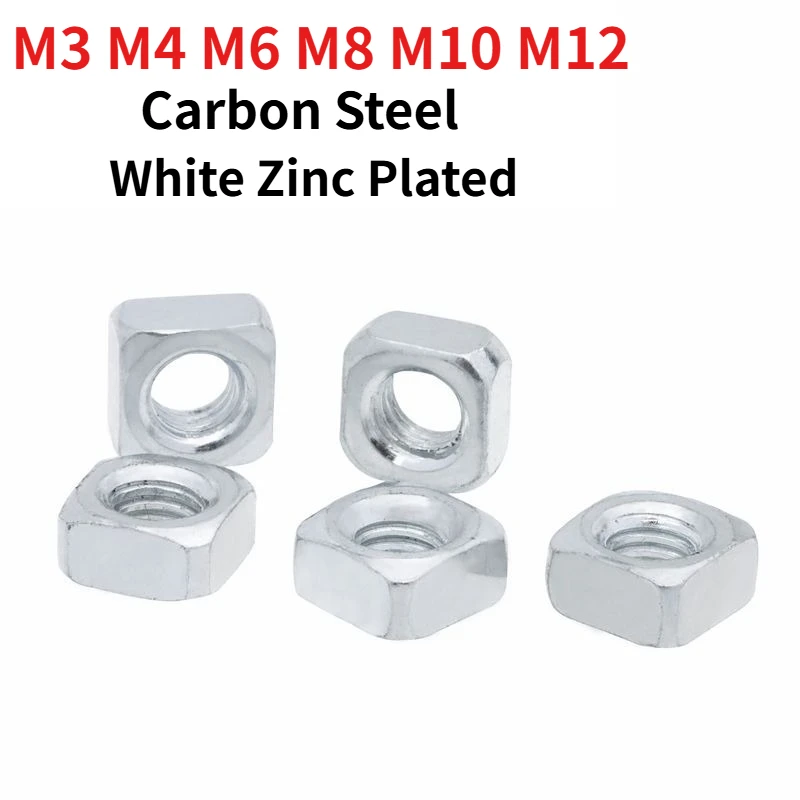 White Zinc-Plated Rounded-Corner Square Nut M3-M12Carbon Steel Quadrilateral Nuts Fasteners for Machinery and Aluminum Profiles